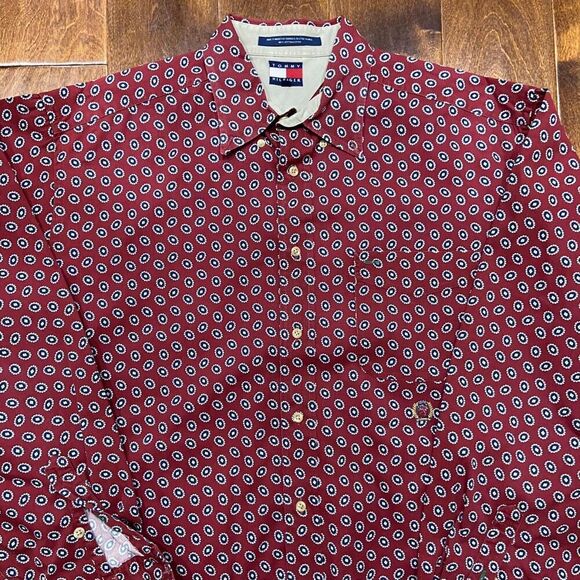 Tommy Hilfiger Vintage 90s Casual Button Front Red Shirt Cotton Men's Size Large - Picture 2 of 9